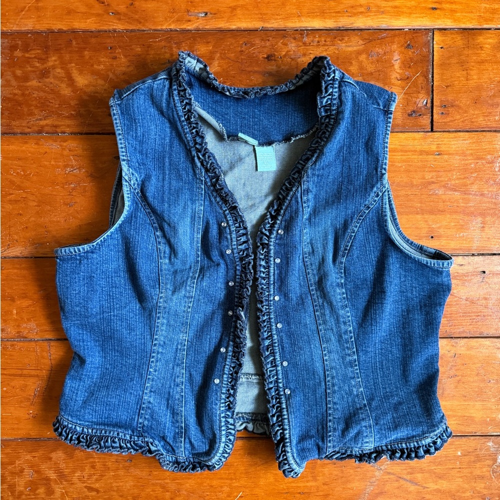 Denim Vest with Ruffle Trim and Rhinestones